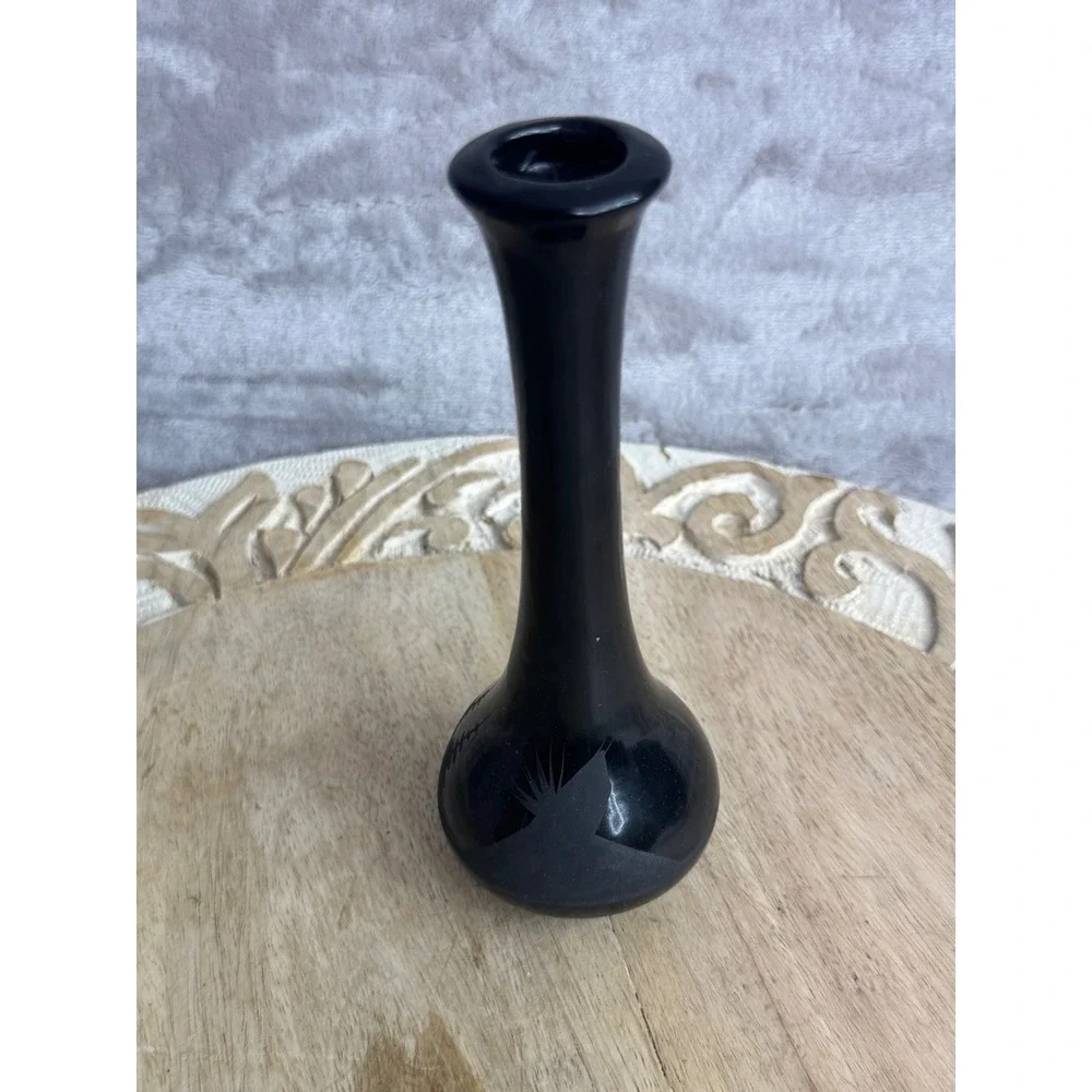 Southwestern‎ Black Etched Pottery Bud Vase Kokopelli Desert Bird 6.5 Inch